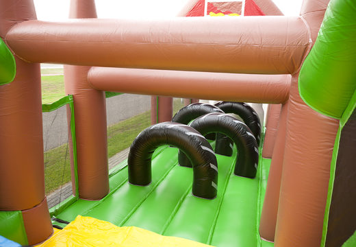 Order a 17 meter wide unique farm themed obstacle course with 7 game elements and colorful objects for children. Buy inflatable obstacle courses online now at JB Inflatables UK