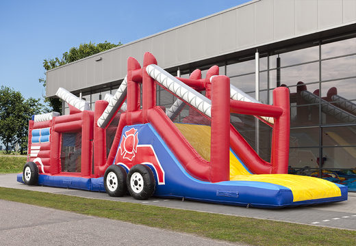 Order a 17 meter wide unique obstacle course in a fire brigade theme with 7 game elements and colorful objects for children. Buy inflatable obstacle courses online now at JB Inflatables UK