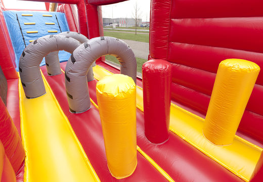 Firefighter themed inflatable obstacle course with 7 game elements and colorful objects buy now for kids. Order inflatable obstacle courses now online at JB Inflatables UK