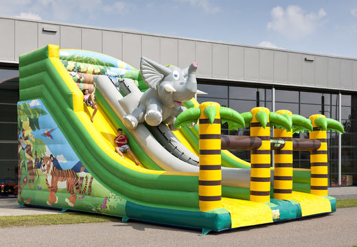 Order an inflatable slide in the jungle world theme with funny 3D figures and colorful prints for kids. Buy inflatable slides now online at JB Inflatables UK