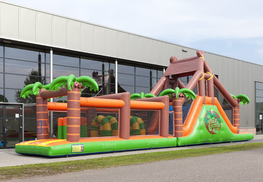 Buy a 17-metre-wide jungle-themed obstacle course with 7 game elements and colorful objects for kids. Order inflatable obstacle courses now online at JB Inflatables UK