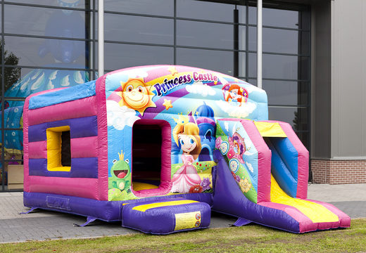 Buy covered maxi multifun bouncy castle with slide in princess theme for children. Order bouncy castles online at JB Inflatables UK