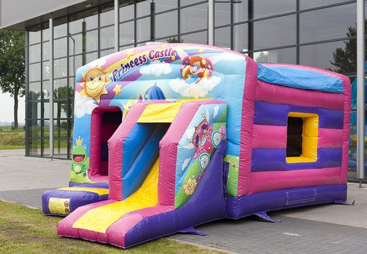 Buy maxi multiplay bounce house in princess theme with a slide for kids at JB Inflatables UK. Order bounce houses online now at JB Inflatables UK