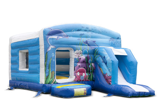 Buy a small indoor inflatable multiplay bouncer with slide in the seaworld sea theme for children. Order inflatable bouncers online at JB Inflatables UK