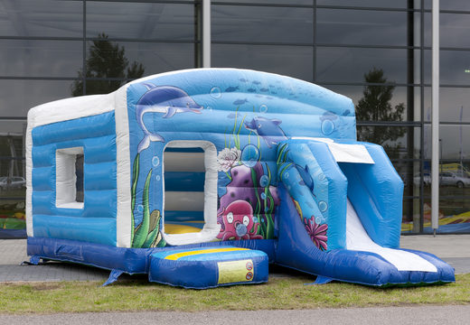 Order maxi multiplay bouncy castle in seaworld theme with a slide for children at JB Inflatables UK. Buy bouncy castles online now at JB Inflatables UK