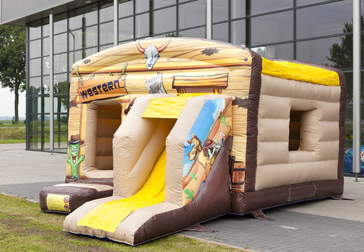 Buy covered maxi multifun bouncy castle with slide in western cowboy theme for children. Order bouncy castles online at JB Inflatables UK