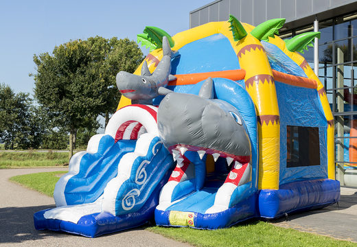 Order covered maxifun super bouncy castle with slide in shark theme for children. Buy inflatable bouncy castles online at JB Inflatables UK