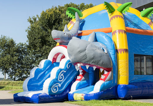Buy maxifun super bouncy castle in bright colors and fun 3D figures in a shark theme at JB Inflatables UK. Order bouncy castles now online at JB Inflatables UK
