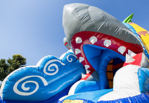 Order covered maxifun super bouncer with slide in shark theme for children. Buy bouncers online at JB Inflatables UK
