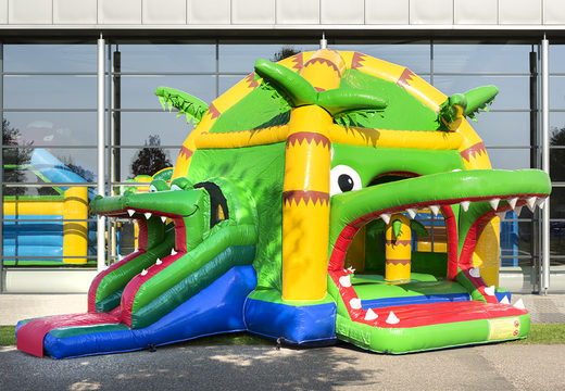 Buy covered multifun super bouncy castle with slide in crocodile theme for children. Order inflatable bouncy castles online at JB Inflatables UK
