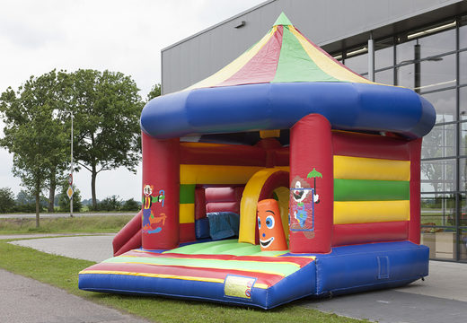 Buy multifun bouncy castle in a carousel theme with different obstacles and a slide for kids. Order inflatable bouncy castles online at JB Inflatables UK