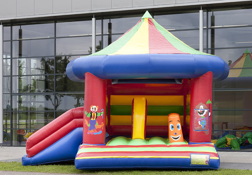 Order covered multifun bouncy castle with slide in the circus theme with various obstacles and a slide for both young and older children. Buy inflatable bouncy castles online at JB Inflatables UK