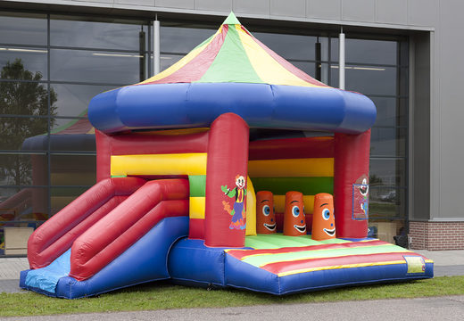 Buy an inflatable multifun bouncy castle in carousel theme with a roof, various obstacles and a slide for children at JB Inflatables UK. Order bouncy castle online at JB Inflatables UK