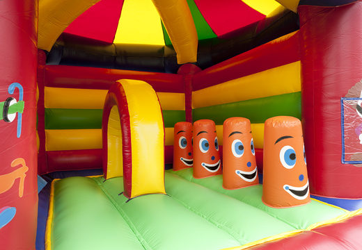 Order an inflatable multifun bouncer for kids in a carousel theme with a roof, various obstacles and a slide at JB Inflatables UK. Buy inflatable bouncers online at JB Inflatables UK