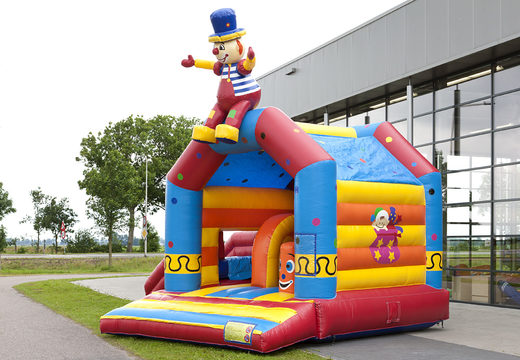 Buy multifun bouncy castle in clown theme with a striking 3D figure on the roof for kids. Order inflatable bouncy castles online at JB Inflatables UK