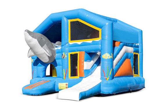 Buy an inflatable indoor multiplay bouncy castle with slide in the dolphin theme for children. Order inflatable bouncy castles online at JB Inflatables UK