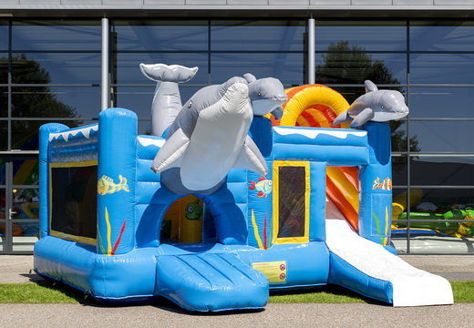Buy medium inflatable multiplay dolphin themed bouncy castle with slide for kids. Order inflatable bouncy castles online at JB Inflatables UK