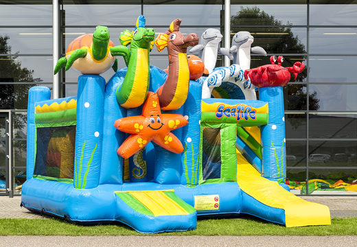 Buy medium indoor inflatable multiplay bouncy castle in the theme seaworld with slide for children. Order inflatable bouncy castles online at JB Inflatables UK