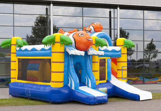 Medium inflatable multiplay bouncy castle in nemo theme with slide for children. Order inflatable bouncy castles online at JB Inflatables UK