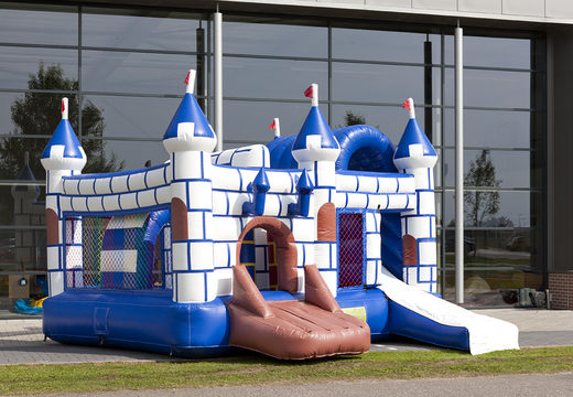 Buy a bouncer in theme blue and white castle with a slide for children. Order inflatable bouncers online at JB Inflatables UK