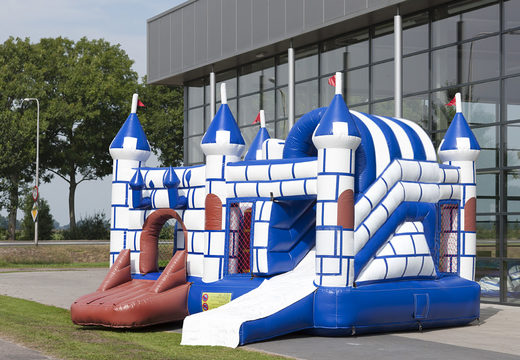 Buy medium inflatable multiplay bouncy castle in blue white castle theme with slide for kids. Order inflatable bouncy castles online at JB Inflatables UK