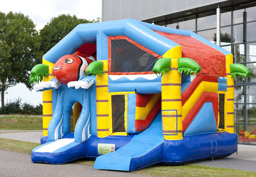 Multiplay bouncy castle with slide in clownfish theme for children. Buy inflatable bouncy castles online at JB Inflatables UK