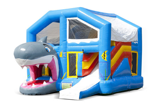 Buy an inflatable indoor multiplay bouncy castle with slide in the shark theme for children. Order inflatable bouncy castles online at JB Inflatables UK