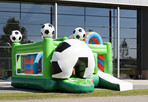 Medium inflatable multiplay bouncy castle in soccer theme for children. Order inflatable bouncy castles online at JB Inflatables UK