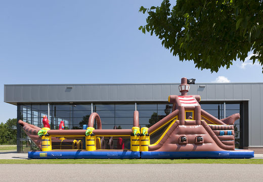 Pirate run 17m obstacle course with 7 game elements and colorful objects for kids. Buy inflatable obstacle courses online now at JB Inflatables UK