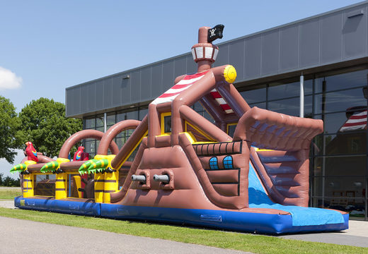 Order a 17 meter wide unique pirate themed obstacle course with 7 game elements and colorful objects for children. Buy inflatable obstacle courses online now at JB Inflatables UK