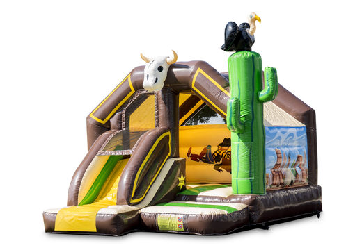 Buy a small indoor inflatable multiplay bouncy castle with slide in a cowboy western theme for children. Order now inflatable bouncy castles with slide at JB Inflatables UK