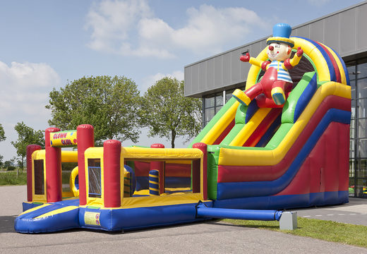 Buy unique inflatable slide in the theme of clown with a splash pool, impressive 3D object, fresh colors and the 3D obstacles for children. Order inflatable slides now online at JB Inflatables UK
