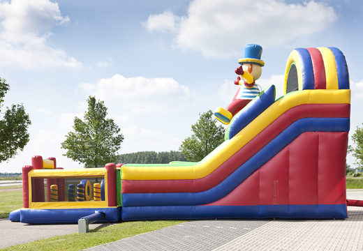 Order an inflatable multifunctional slide in a clown theme with a splash pool, impressive 3D object, fresh colors and the 3D obstacles for children. Buy inflatable slides now online at JB Inflatables UK