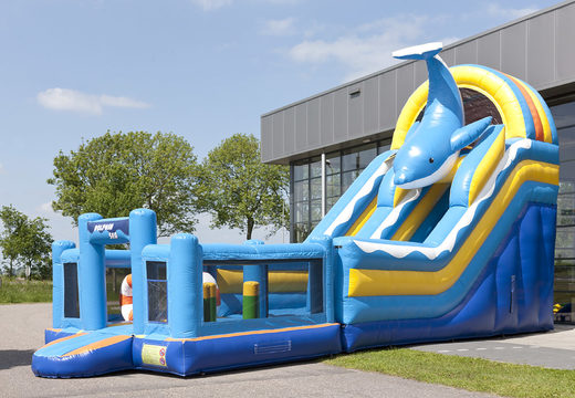 Unique inflatable slide with a dolphin theme with a splash pool, impressive 3D object, fresh colors and the 3D obstacles for children. Order inflatable slides now online at JB Inflatables UK