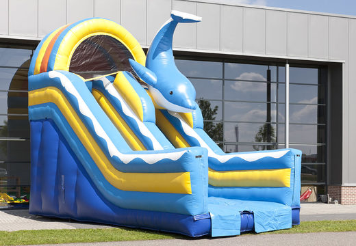 Multifunctional inflatable slide in the dolphin theme with a splash pool, impressive 3D object, fresh colors and the 3D obstacles for kids. Order inflatable slides now online at JB Inflatables UK