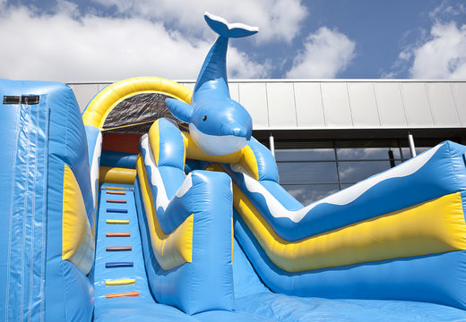 Inflatable multifunctional slide in a dolphin theme with a splash pool, impressive 3D object, fresh colors and the 3D obstacles for kids. Buy inflatable slides now online at JB Inflatables UK