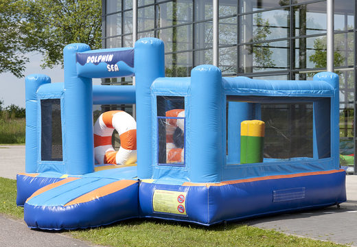 Order an inflatable multifunctional slide in the dolphin theme with a splash pool, impressive 3D object, fresh colors and the 3D obstacles for kids. Buy inflatable slides now online at JB Inflatables UK