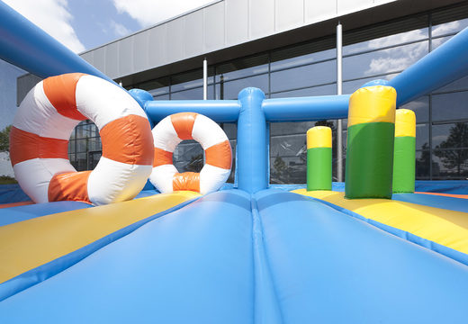 Buy unique multifunctional dolphin themed inflatable slide with a splash pool, impressive 3D object, fresh colors and the 3D obstacle for kids. Order inflatable slides now online at JB Inflatables UK