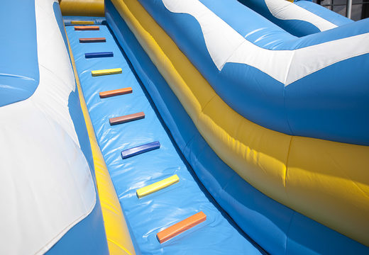 Multiplay inflatable slide in a dolphin theme with a splash pool, impressive 3D object, fresh colors and the 3D obstacle for children. Order inflatable slides now online at JB Inflatables UK