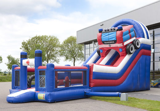 Inflatable multifunctional slide in a fire department theme with a splash pool, impressive 3D object, fresh colors and the 3D obstacles for children. Order inflatable slides now online at JB Inflatables UK