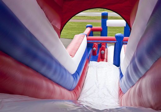 Multifunctional inflatable slide in the theme of the fire brigade with a splash pool, impressive 3D object, fresh colors and the 3D obstacles for kids. Order inflatable slides now online at JB Inflatables UK