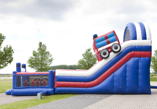 Buy a unique multifunctional inflatable slide in a fire department theme with a splash pool, impressive 3D object, fresh colors and the 3D obstacle for children. Order inflatable slides now online at JB Inflatables UK