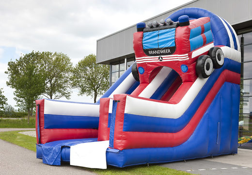 Get your inflatable multifunctional slide in the fire brigade theme with a splash pool, impressive 3D object, fresh colors and the 3D obstacles online now. Buy inflatable slides at JB Inflatables UK