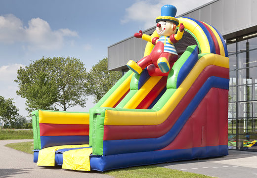 Clown themed inflatable slide with a splash pool, impressive 3D object, fresh colors and the 3D obstacles for kids. Order inflatable slides now online at JB Inflatables UK