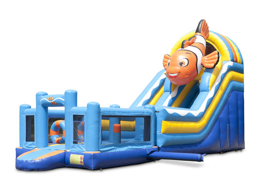 Multifunctional inflatable slide in clownfish theme with a splash pool, impressive 3D object, fresh colors and the 3D obstacles for children. Buy inflatable slides now online at JB Inflatables UK