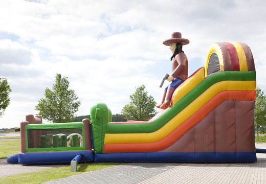 Inflatable multifunctional slide in beach theme with a splash pool, impressive 3D object, fresh colors and the 3D obstacles for children. Order inflatable slides now online at JB Inflatables UK