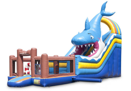 The inflatable shark-themed slide with a splash pool, impressive 3D object, fresh colors and the 3D obstacles ordered for kids. Buy inflatable slides now online at JB Inflatables UK