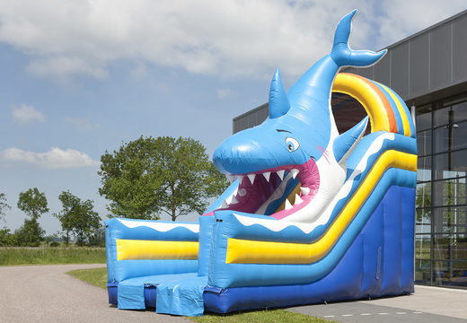 Inflatable multifunctional slide in shark theme with a splash pool, impressive 3D object, fresh colors and the 3D obstacles for kids. Buy inflatable slides now online at JB Inflatables UK