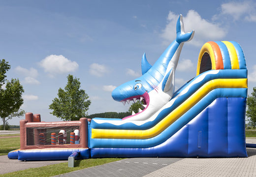 Multifunctional shark-themed inflatable slide with a splash pool, impressive 3D object, fresh colors and the 3D obstacles for children. Buy inflatable slides now online at JB Inflatables UK