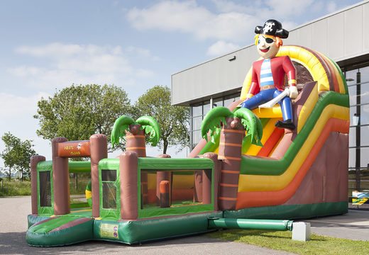 Unique pirate themed inflatable slide with a splash pool, impressive 3D object, fresh colors and the 3D obstacles for children. Order inflatable slides now online at JB Inflatables UK